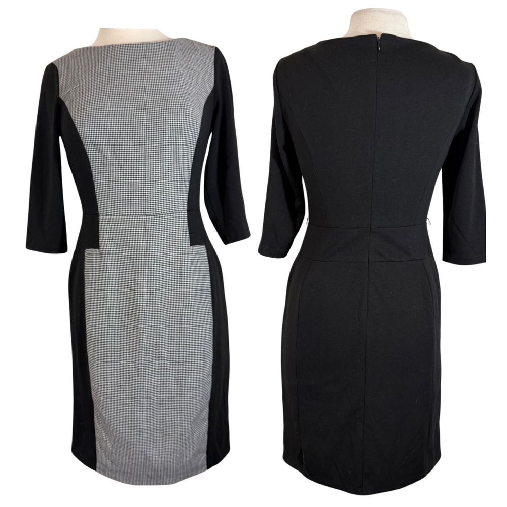 Calvin Klein Sz 6 Black Dress Sheath Pencil Monochrome Houndstooth 3/4 Sleeve